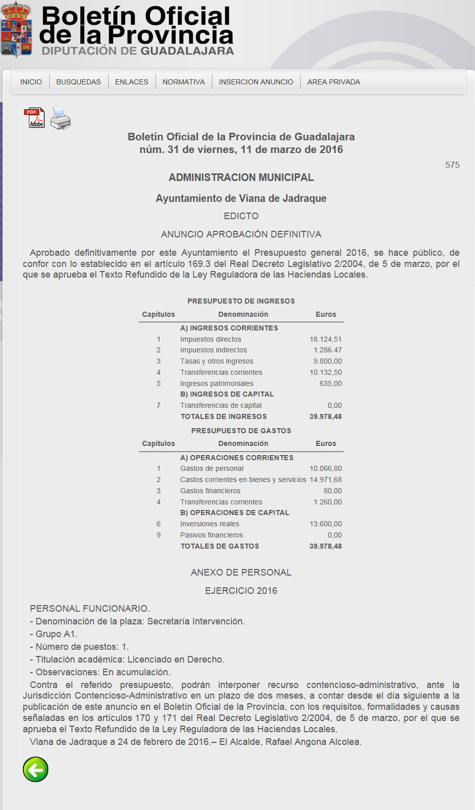 Presupuesto Municipal de Viana de Jadraque 2016